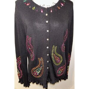Yarns & Stitches Fluorescent Paisley On Black Sweater Sz M Cardigan Embroidered